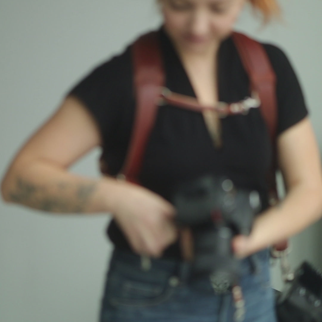 camera harness, leather camera harness, dual camera harness, dual camera strap